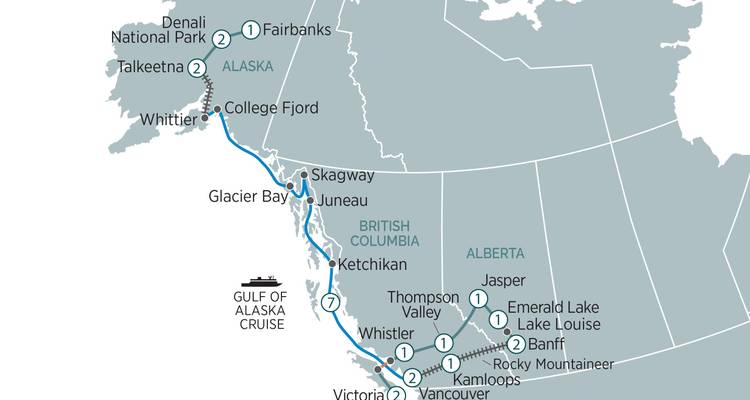 Carte générale d'itinéraire montrant un voyage en croisière et en train à travers l'Alaska, la Colombie-Britannique et l'Alberta.