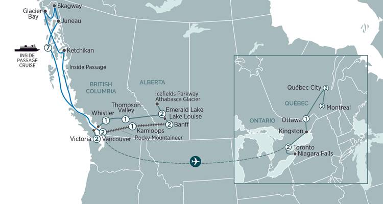 Carte complète illustrant un parcours ferroviaire et de croisière à travers l'ouest du Canada jusqu'à l'Alaska, incluant la baie des Glaciers et les chutes du Niagara.