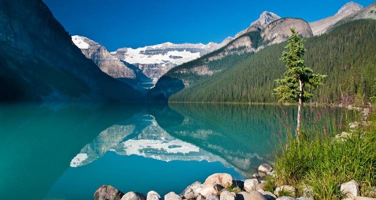 Lac glaciaire aux reflets de miroir reflétant des pics enneigés et des forêts de conifères.
