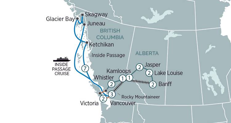 Cruise kaart Western Canada en Alaska Inside Passage met Vancouver, Banff, Jasper en Skagway.