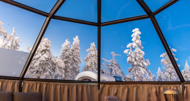 Pinos cargados de nieve vistos a través del techo de cristal de una cabaña estilo iglú.