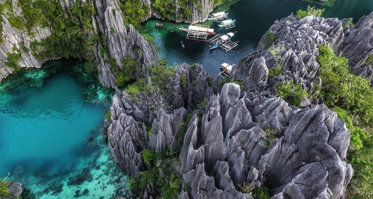 Dramatic limestone cliffs plunge into electric-blue lagoons dotted with bamboo boats in Coron.