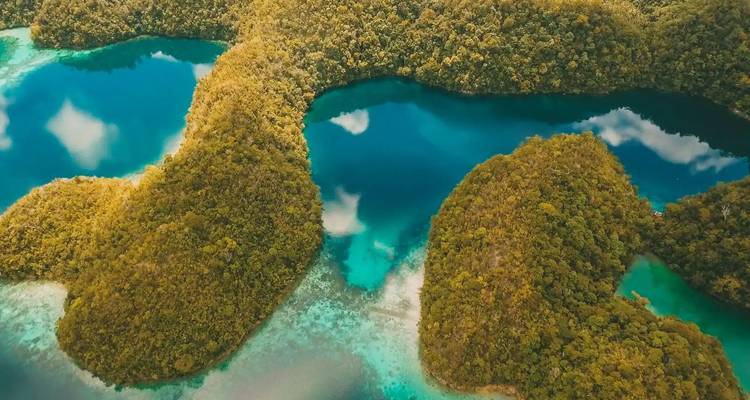 Lush heart-shaped islands and bright blue lagoons viewed from above create a tropical mosaic.