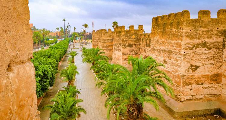 Murallas de tierra bien conservadas y senderos bordeados de palmeras de una antigua ciudad fortificada resplandecen bajo una luz suave.