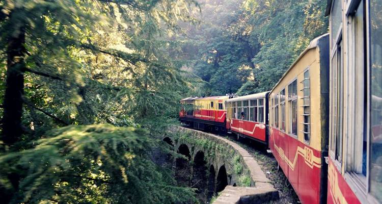 Farbenfroher Schmalspurzug als Spielzeug, der sich durch üppigen Bergwald über Steinbögen windet