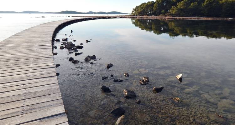 Une promenade en bois courbe effleure la surface d'un lagon côtier tranquille aux eaux cristallines.