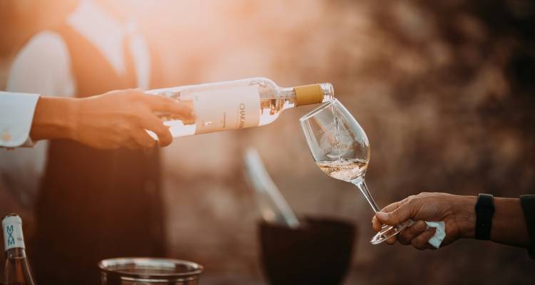 White wine being poured into a glass in warm golden-hour light.
