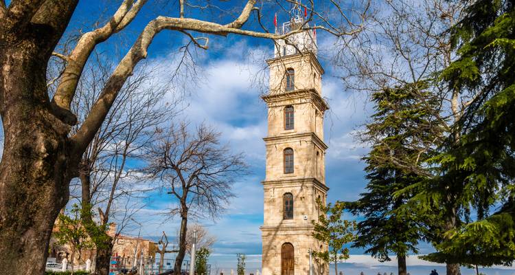 Torre del reloj de piedra histórica enmarcada por árboles en Bursa.