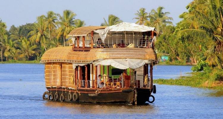 Croisière traditionnelle en houseboat du Kerala sur des backwaters calmes bordées de palmiers
