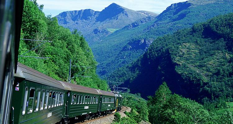 Malerische Flåm-Bahn, die eine Kurve durch ein üppig grünes Tal unter rauen Bergen nimmt.