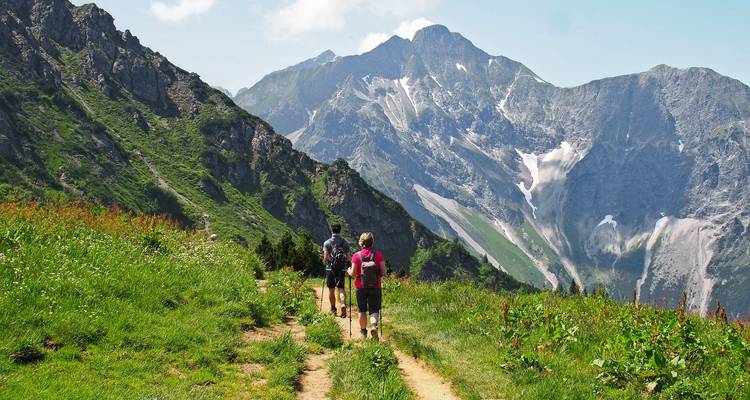 Zwei Wanderer folgen einem schmalen Alpenpfad durch üppige Wiesen zu den hoch aufragenden Felsgipfeln.