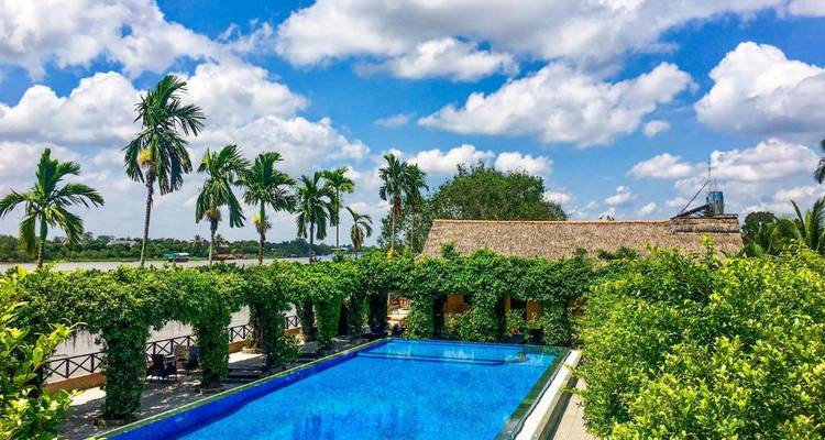 Tranquil riverside pool framed by lush vines and palm trees beneath a blue sky.