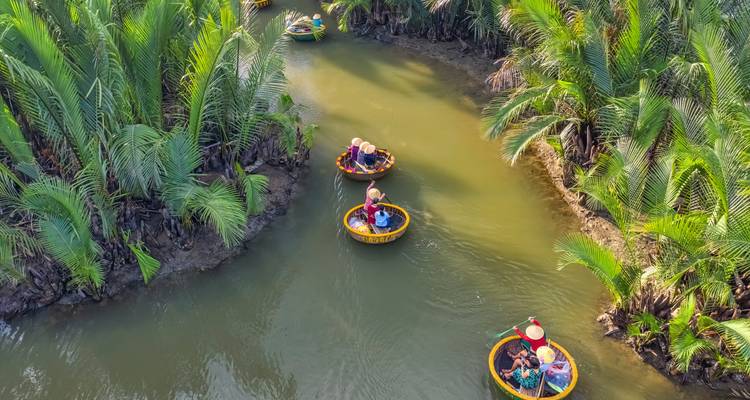 Runde Korbboote navigieren durch einen schmalen, palmengesäumten Kanal im Mekong-Delta-Gebiet.