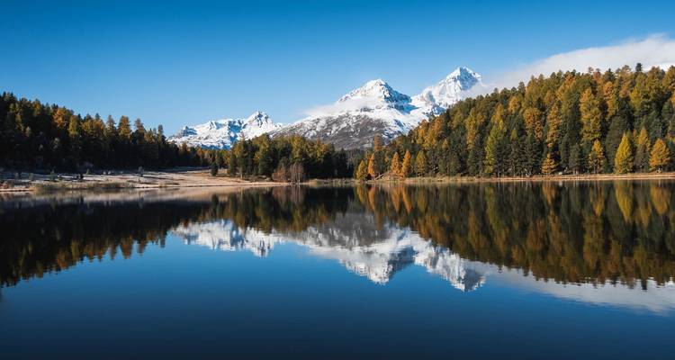 Herbstwälder und schneebedeckte Gipfel spiegeln sich scharf in einem ruhigen Alpensee unter einem klaren blauen Himmel wider.