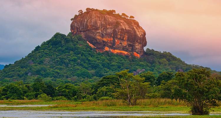 Prominente fortaleza rocosa elevándose sobre denso bosque y humedales, resplandeciendo bajo la suave luz del amanecer.