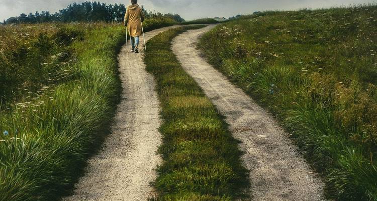 Person in einem langen Mantel, die allein einen gewundenen Feldweg durch üppige grüne Landschaft entlanggeht.