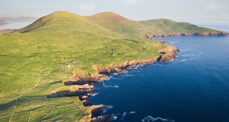 Promontoires côtiers verdoyants et falaises abruptes rencontrant l'Atlantique bleu profond sous la douce lumière matinale.