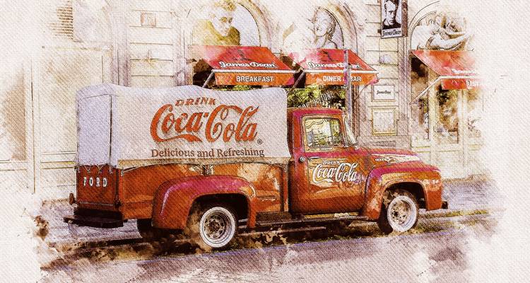 Ilustración de estilo vintage de un camión de reparto rojo de Coca-Cola estacionado frente a un café con toldos rojos.