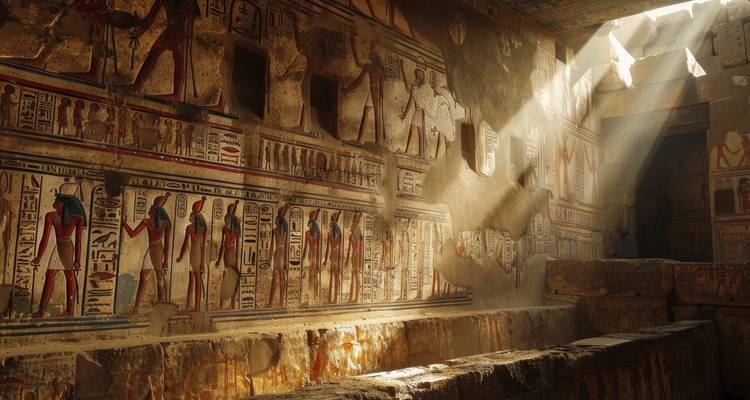 Sonnenstrahlen beleuchten lebhaft bemalte Hieroglyphen in einer altägyptischen Grabkammer.