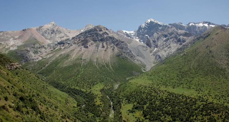 Vallée alpine verdoyante et spacieuse flanquée de pics rocheux saupoudrés de neige sous un ciel bleu dégagé.