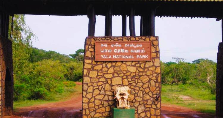 Stone entrance gate with sign reading 'Yala National Park' surrounded by greenery and a red dirt road.