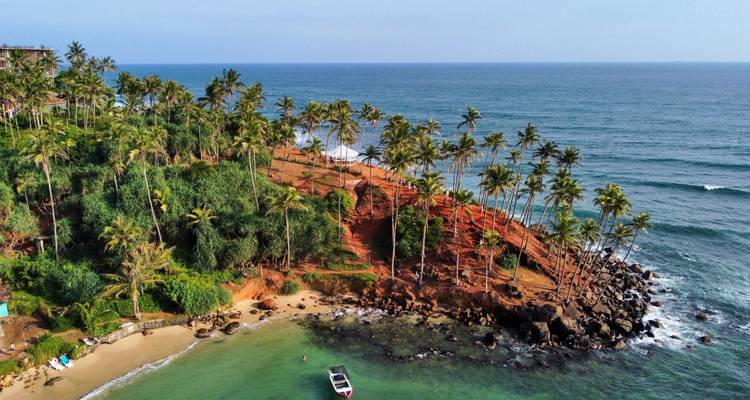 Aerial view of lush palm-covered peninsula and surrounding clear blue sea with small boats.