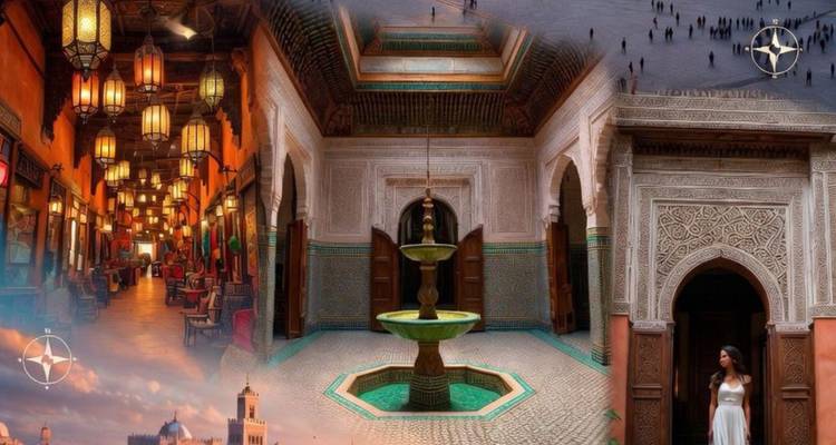 Collage de marketing con interior de riad iluminado por faroles, fuente de patio y entrada ornamentada.