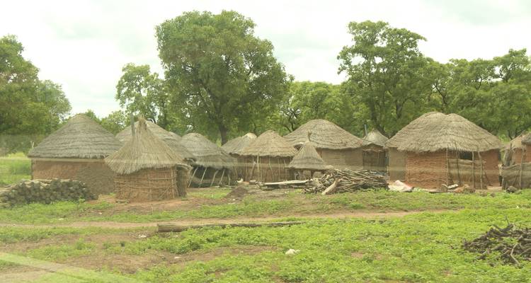 Traditional circular mud huts with thatched roofs clustered in a rural Ghanaian village.