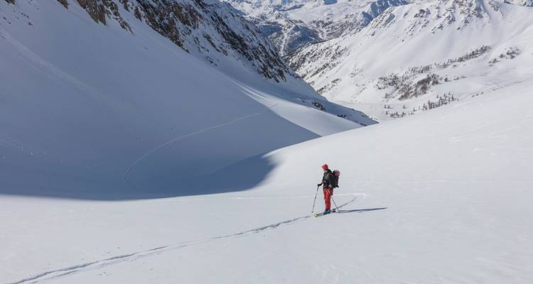 A backcountry skier traversing an untouched snowy valley amid high peaks