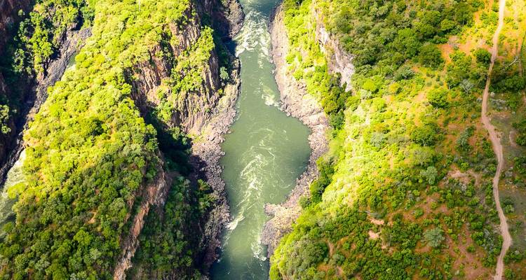 Une vue aérienne regardant directement vers le bas dans une gorge de rivière sinueuse bordée de végétation verte