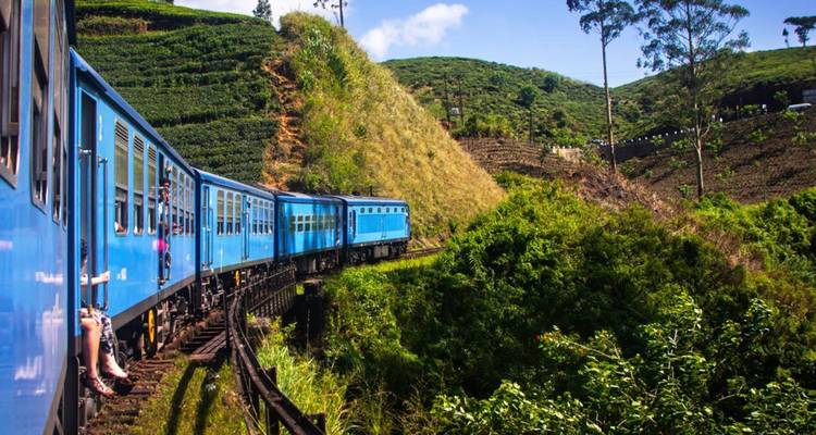 Iconic blue train curving along tracks through verdant tea-covered hills in Sri Lanka’s highlands.