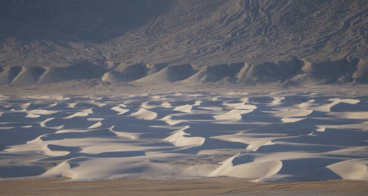 Des dunes de sable blanc ondulantes d'un désert froid d'haute altitude soutenues par des montagnes grises arides.