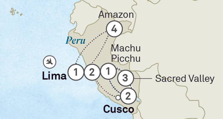 Einfache illustrierte Routenkarte von Peru mit Hervorhebung von Lima, Cusco, Machu Picchu und dem Amazonas.