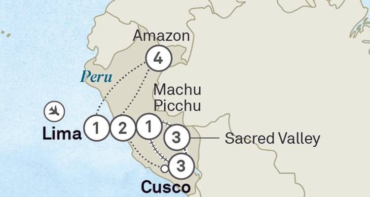 Einfache Routenkarte von Peru mit hervorgehobenen Stationen Lima, Amazonas, Heiliges Tal und Machu Picchu