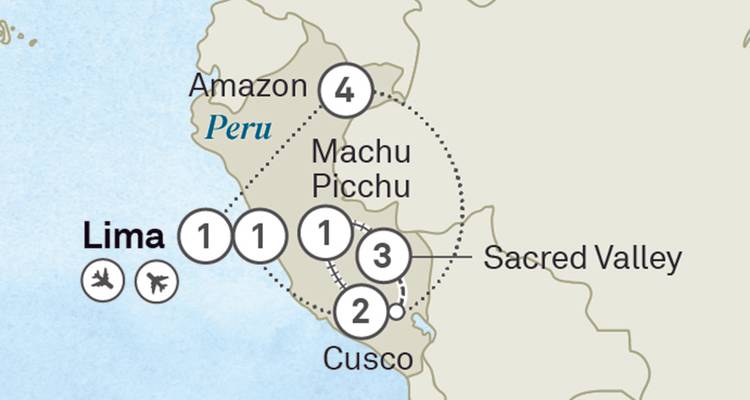 Stilisierte Karte der Peru-Reiseroute mit Lima, Cusco, Heiliges Tal und Machu Picchu mit gepunkteten Routen.