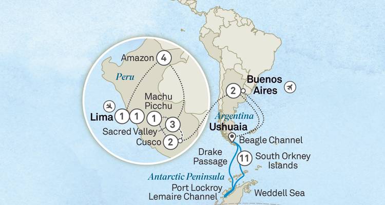 Übersichtskarte der kombinierten Peru- und Argentinien-Reiseroute mit Lima, Cusco, Ushuaia und der Antarktischen Halbinsel