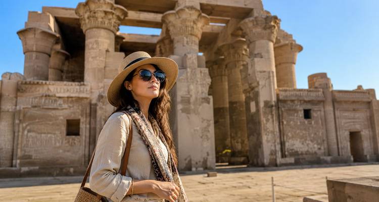 Weibliche Reisende in Hut und Sonnenbrille, die die antiken Säulen des Tempels von Kom Ombo bewundert.