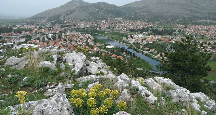 Premier plan rocheux avec des fleurs sauvages jaunes surplombant une ville s'étendant sur une vaste superficie, une rivière sinueuse et les montagnes environnantes.