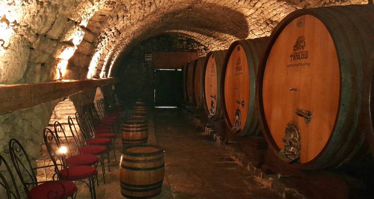 Cave à vin aux voûtes en pierre avec de grands tonneaux en bois, des tabourets et un éclairage tamisé