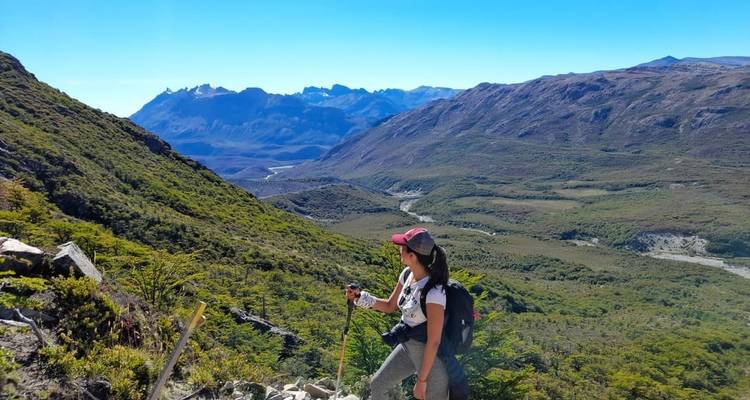 Female trekker with backpack surveys a verdant Patagonian valley and distant peaks.