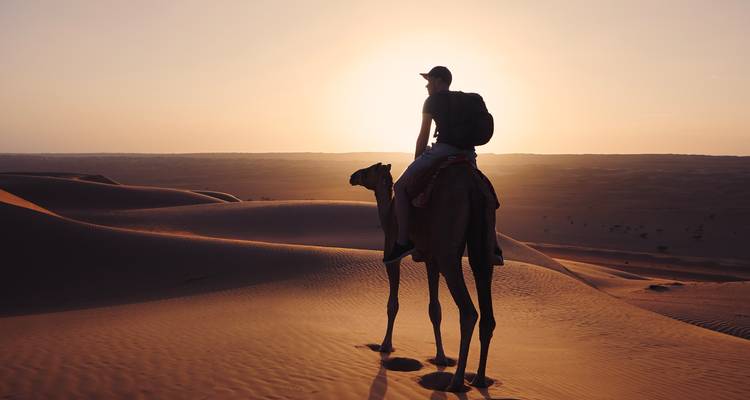 Viajero montando un camello solo al amanecer sobre las dunas doradas del Sahara
