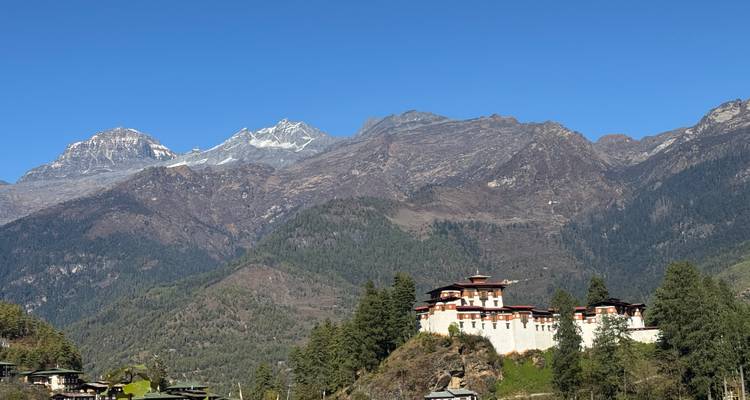 Forteresse bhoutanaise traditionnelle perchée sur une crête boisée avec de hauts pics de l'Himalaya en arrière-plan.