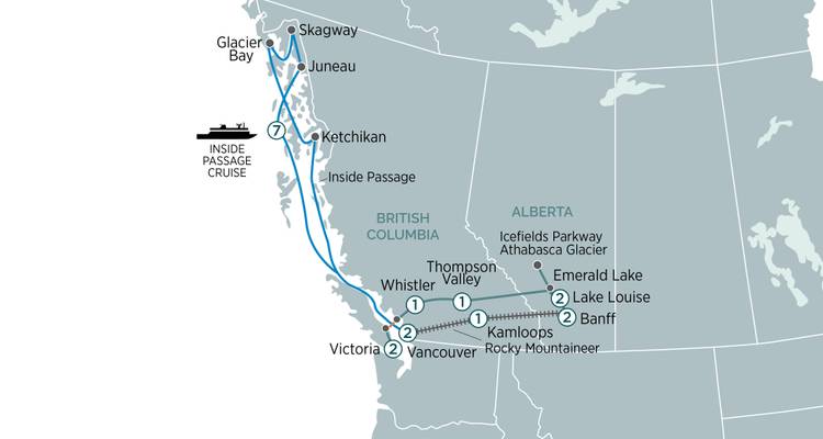 Une carte d'itinéraire montrant une croisière Inside Passage et un circuit terrestre en Colombie-Britannique et en Alaska.