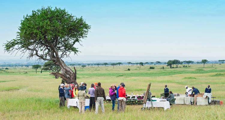 Groupe de voyageurs dégustant un petit-déjeuner en brousse en plein air installé dans la plaine du Serengeti sous un acacia solitaire.