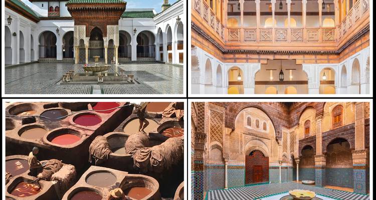 Collage de cuatro paneles que muestra los lugares más interesantes de la medina de Fes, incluyendo interiores de madrasas y curtidurías tradicionales.