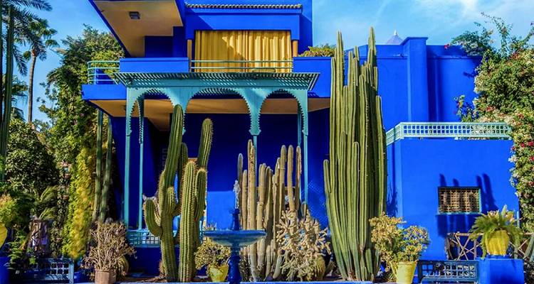 Villa azul intenso rodeada de imponentes cactus dentro del famoso Jardín Majorelle