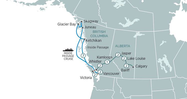 Carte illustrant l'itinéraire de croisière du Passage intérieur et des Rocheuses canadiennes.