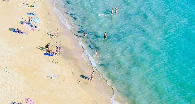 Aerial view of swimmers and sunbathers on a bright turquoise shoreline