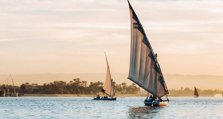 Les felouques traditionnelles aux voiles latines élancées glissent le long du Nil calme à l'heure dorée.