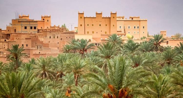 Kasbah traditionnel s'élevant au-dessus d'une dense oasis de palmiers dattiers sous un ciel couvert